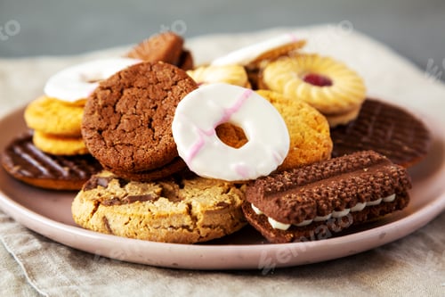 Preview: Variety of Biscuits on a pink Plate, side view. Close-up.