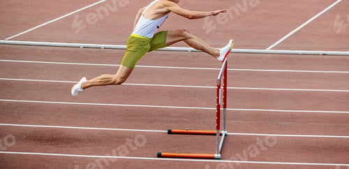 Preview: athlete hurdler running 400-meter hurdles at summer athletics games