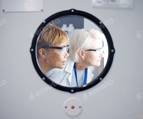 Preview: Science, window and teamwork with woman doctors in a laboratory together for research or innovation