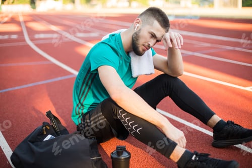 Preview: Young man with earphones tiredly looking aside with towel on shoulder on running track at stadium
