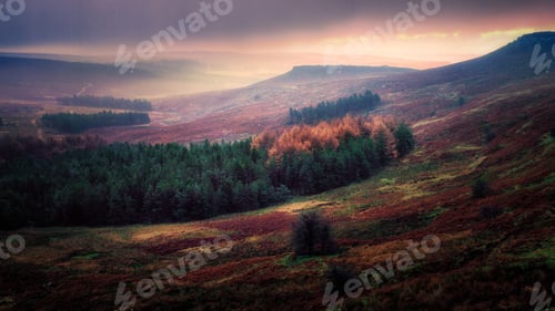 Preview: Hathersage Moor at sunset on a stormy day in the Peak District National Park, UK