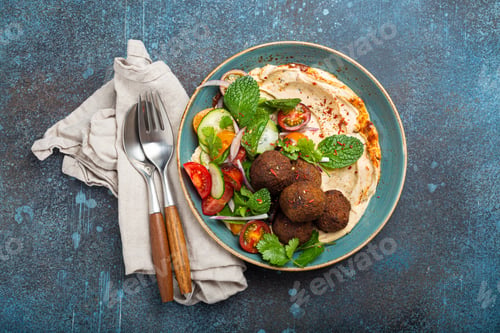 Preview: Middle Eastern Arab meal with fried falafel, hummus, vegetables salad