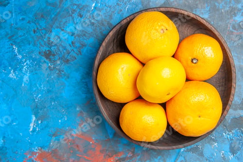 Preview: top view fresh tangerines inside plate on blue background tree color citrus fruit photo