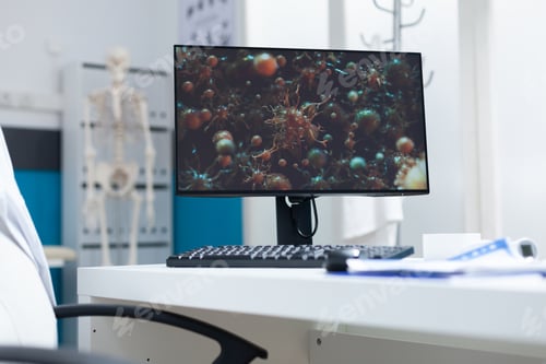 Preview: Empty bright medical office with nobody in it having coronavirus cell illustration