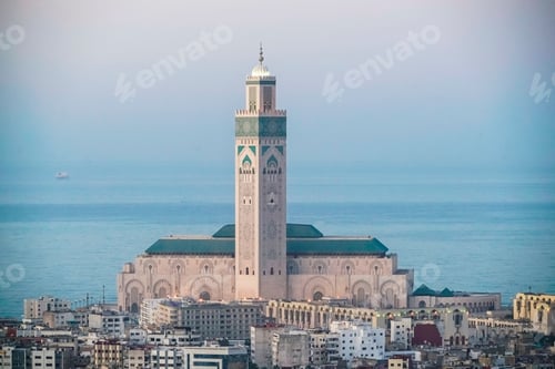 Preview: Cityscape with Casablanca Grand Moche mosque in Morocco