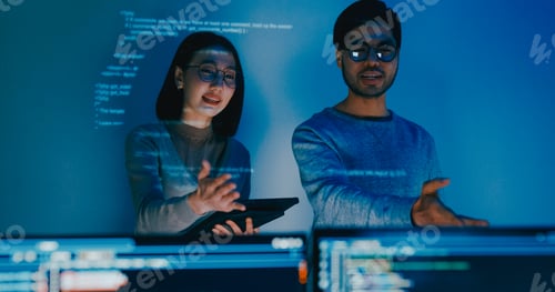 Preview: Asia male female software developers mentor leader manager talk strategy plan to executive.