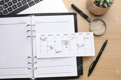 Preview: Desktop calendar on a modern desktop. Schedule and time planning in office and business.