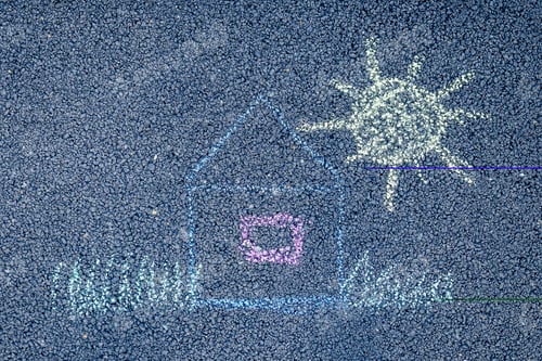 Preview: painted colored chalk crayons house, sun and grass on the asphalt