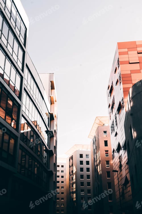 Preview: Beautiful architecture of Marseille, France with tall business buildings and white sky
