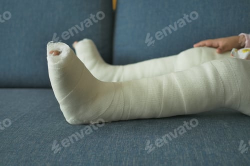 Preview: little child with plaster bandage on leg.