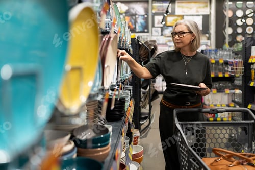 Preview: Senior woman shopping for dinnerware in a modern home goods store during the afternoon