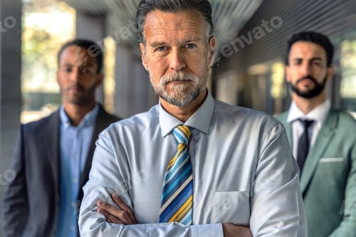 Preview: Group of three modern business men of different age and ethnicity looking seriously at camera