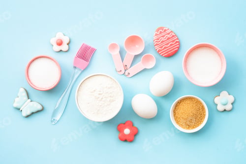Preview: Easter baking background at blue flat lay.