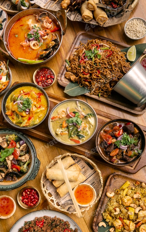 Preview: many different thai food dishes on table in modern restaurant in bangkok thailand