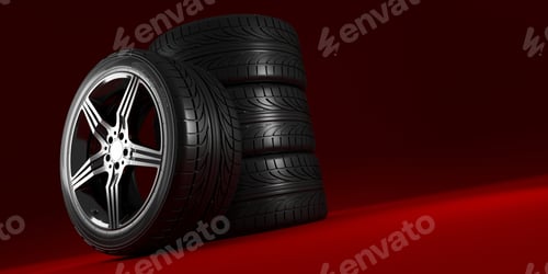 Preview: Car wheels set on red background. Poster design. Stack. 3d illustration.