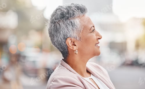 Preview: Senior woman, city and business person profile with blurred background thinking of finance work. Ur