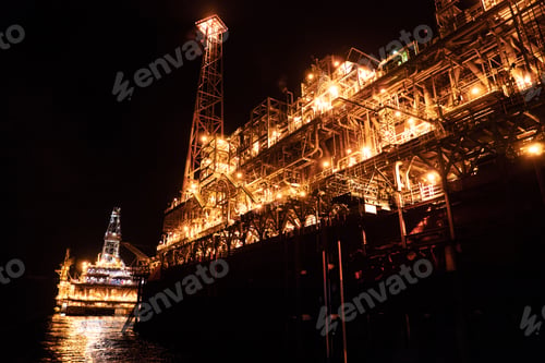 Preview: FPSO tanker vessel near Oil platform Rig at night. Offshore oil and gas industry