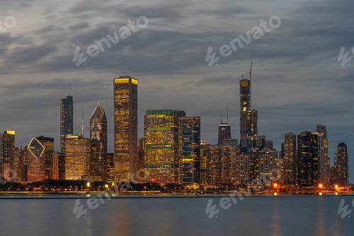 Preview: Chicago Cityscape river side along Lake Michigan at beautiful twilight time,
