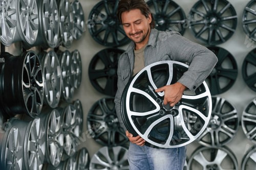 Preview: Disk in hands. Man is in the tire fitting car service