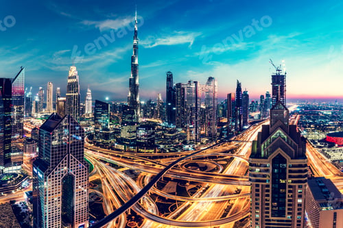 Preview: Burj Khalifa in Dubai downtown skyscrapers highrise architecture at night