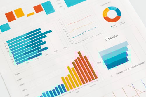 Preview: Business graphs, charts and magnifying glass on table. Financial development