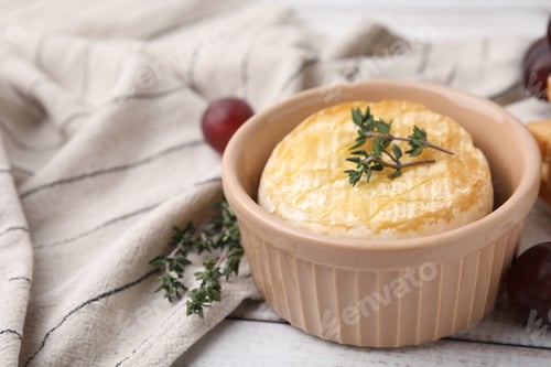 Preview: Tasty baked camembert and thyme in bowl on table, closeup