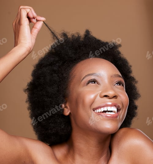 Preview: Black woman, afro and hair care, beauty and skincare for body wellness, cosmetics and curly hair ma