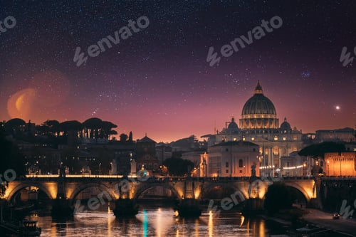 Preview: Rome, Italy. Papal Basilica Of St. Peter In The Vatican And Aelian Bridge In Sunset Sunrise Time