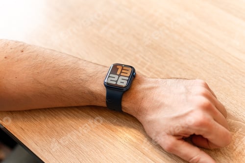 Preview: male hand wrist smart apple watch. man people use modern technology. wearing wireless digital device