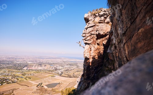 Preview: Sports, rock climbing and space with man on mountain for fitness, adventure and challenge. Fearless