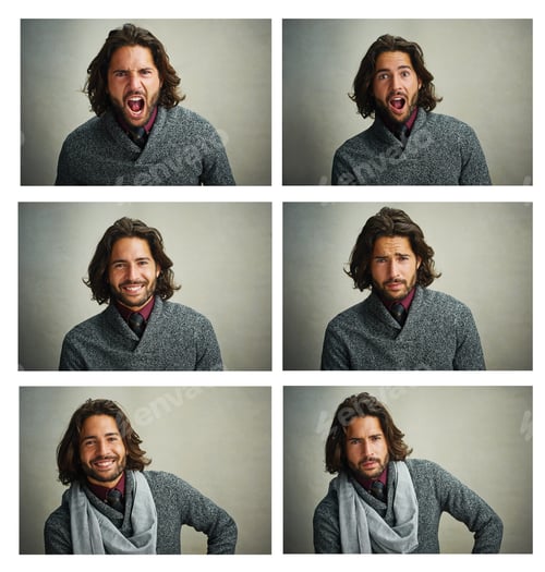 Preview: Composite portrait of a stylishly dressed man posing against a gray background in the studio