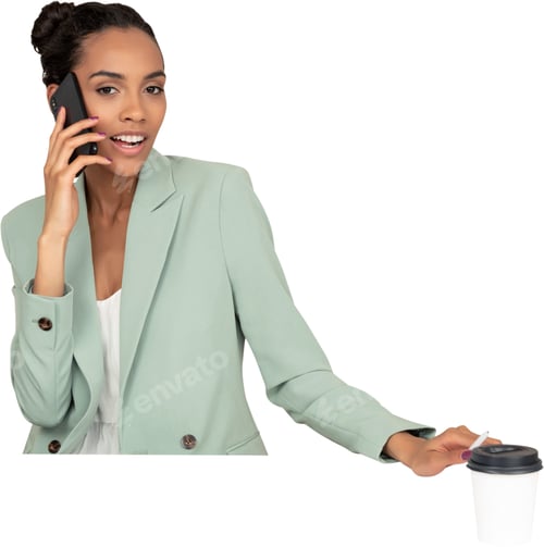 Preview: a woman talking on a cell phone while sitting at a desk with a coffee cup