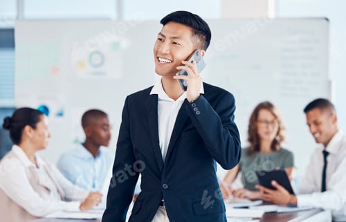 Preview: Businessman, phone call and networking with communication, conversation and meeting with workers in