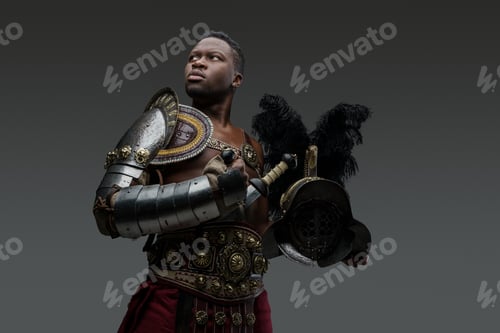 Preview: Handsome black gladiator with feathered helmet dressed in armor