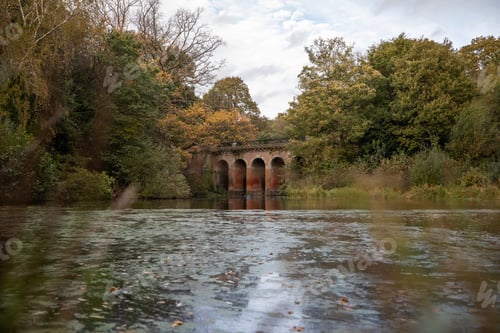 Preview: Low angle view through the grass of an old stone bridge on a tranquil river among the greenery