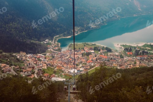 Preview: View of the town of Molveno with its lake from above, from the funicular railway
