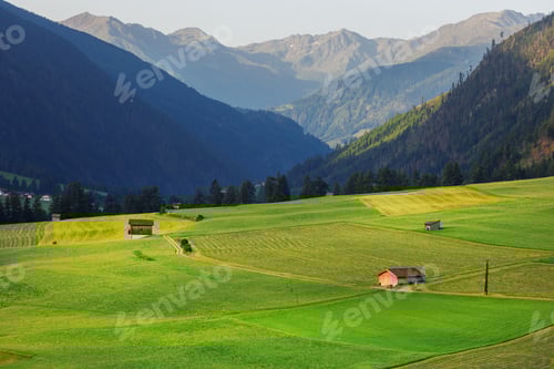 Preview: Scenic picturesque landscape view small little wooden log alpine hut on green alpine austrian meadow