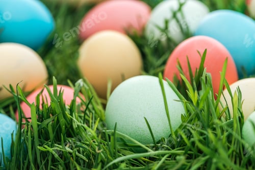Preview: close up of pastel easter eggs on green grass