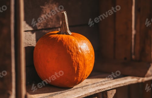 Preview: Ripe ginger pumpkin isolated on a burred wood background. Autumn concept with pumpkin.