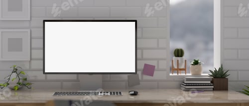Preview: Modern white workspace with computer mockup and decor on marble table against white brick wall.
