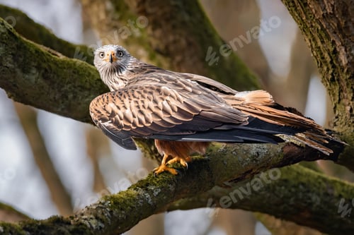 Preview: Closeup of a hawk perched on a mossy tree