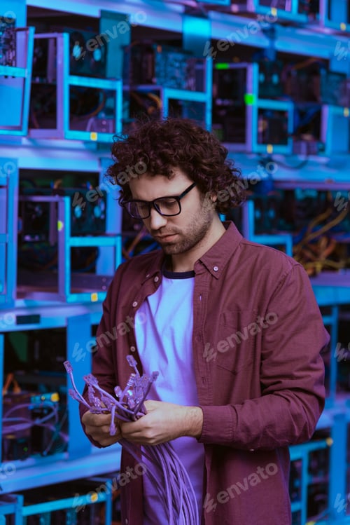 Preview: handsome computer engineer with ethernet wires at ethereum mining farm