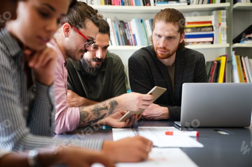 Preview: Happy software developers working on meeting, Programming advanced code artificial intelligence.