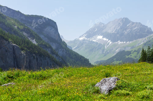 Preview: Panoramic view of green alpine meadows and mountains