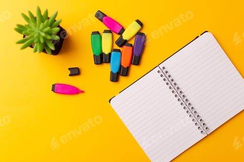 Preview: Top view of an open journal, colorful highlighters, and a plant on a yellow background