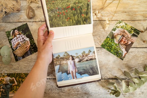 Preview: Woman looking at picture album with printed photos. Photo printing concept.