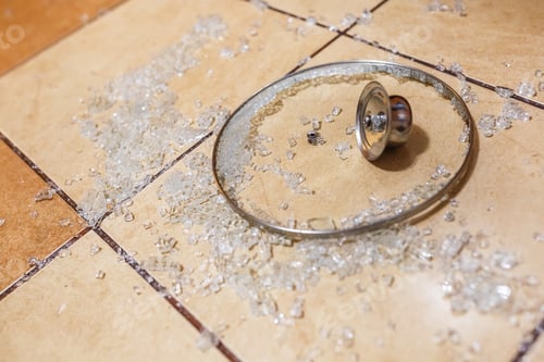 Preview: Broken glass lid on the ceramic tiles floor. Family quarrel. Irritation. broken dishes for happiness