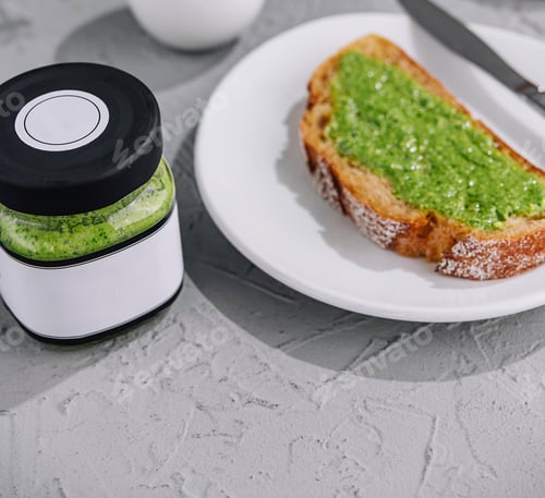 Preview: Tasty bruschetta with pesto sauce top view