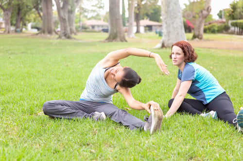 Preview: Young women wearing sports clothing sitting on grass stretching