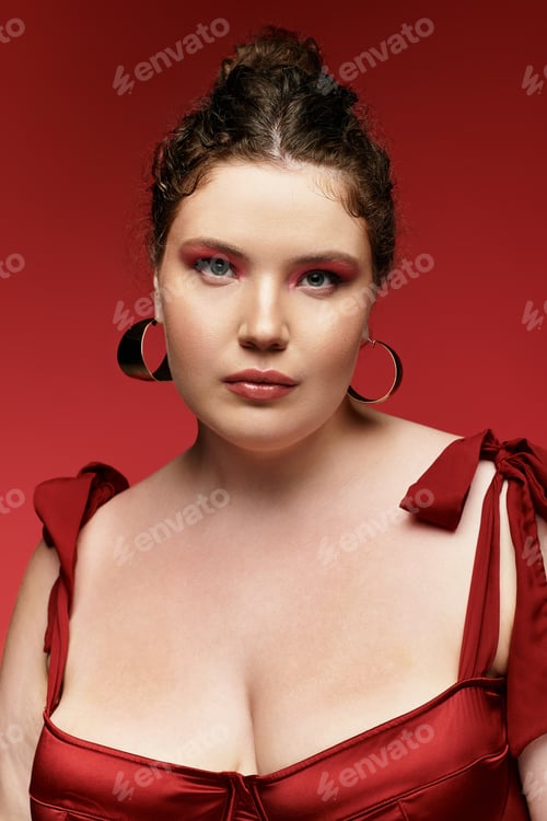 Preview: Stylish young woman exudes elegance with a striking red background and bold makeup